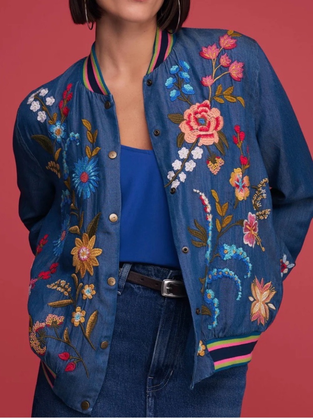 Johnny Was Workshop Embroidered Bomber Jacket Floral Bird M